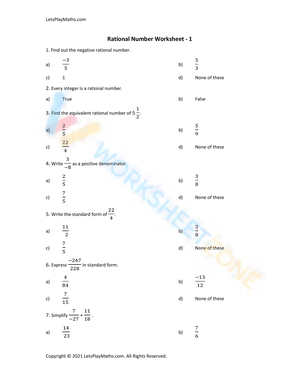 Rational Number Worksheet 1