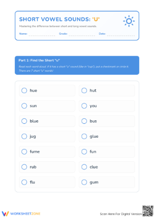 Short U Vowels Printable Worksheet | Grade 1 Phonics