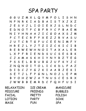 Spa Party Word Search: Printable Grade 3 Vocabulary