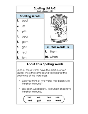Printable Short E Spelling List | Grade 1 ELA