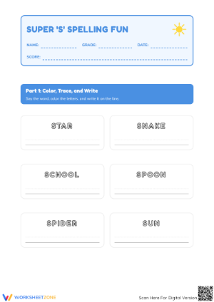 Printable 'S' Words Spelling Worksheet | Grade 1 ELA