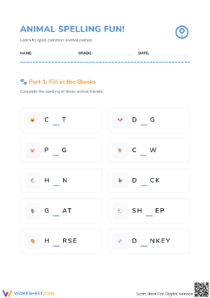 Animal Spelling Fun Worksheet | Grade 1 Essential