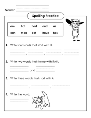 Printable Spelling Worksheet: Short A Words for Grade 1