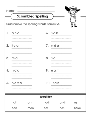 Grade 1 Spelling Words — Printable No-Prep Worksheet