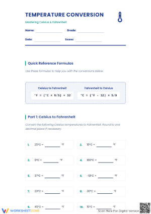 Grade 6 Temperature Conversion — Printable No-Prep Worksheet