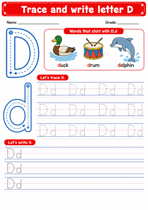 Printable Letter D Tracing Worksheet | Grade K ELA