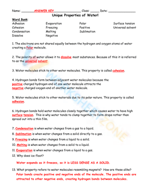 Unique Properties of Water! (with answers)