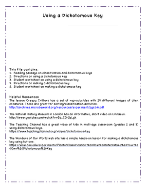 Grade 6-8 Dichotomous Key — Essential No-Prep Worksheet