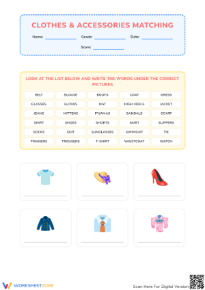 Grade 1 Clothes Vocabulary — Printable No-Prep Worksheet