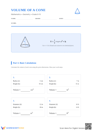 Essential 8.G.C.9 Worksheet: Volume of a Cone — Grade 8-10