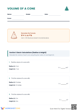 Printable Volume of a Cone Worksheet | Grade 8 Math