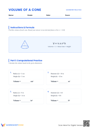 Essential Volume of a Cone Worksheet | Grade 8 Math