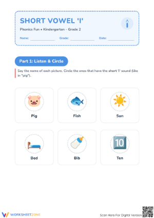 Short Vowel I Worksheet | Grade 1 Printable Phonics