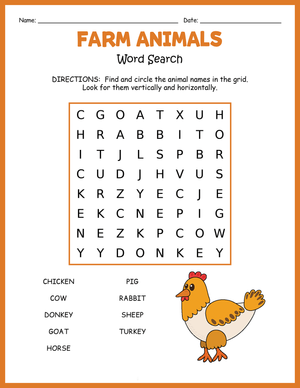 Printable Farm Animals Word Search for 1st Grade