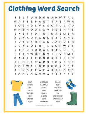 Clothing Word Search: Printable Grade 3 Vocabulary