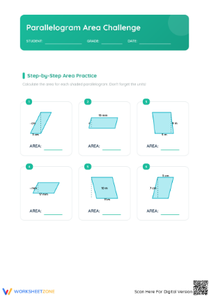 Printable Grade 6 Math Worksheet: Area of Parallelograms