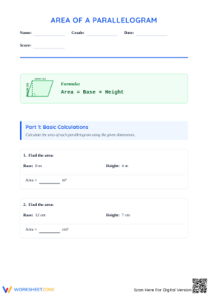 Grade 4 Area of a Parallelogram — Printable Worksheet