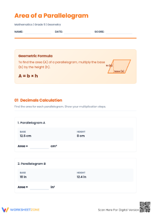 Area of Parallelogram Worksheet | Essential Grade 5 Math