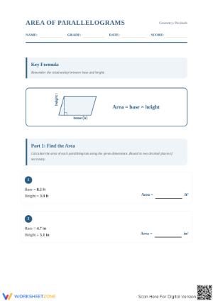Essential Area of Parallelograms Decimals Worksheet Grade 5