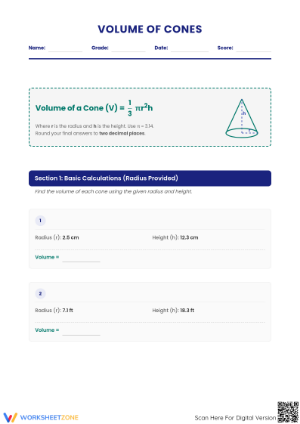 Printable Volume of Cones Worksheet | Grade 8 Math