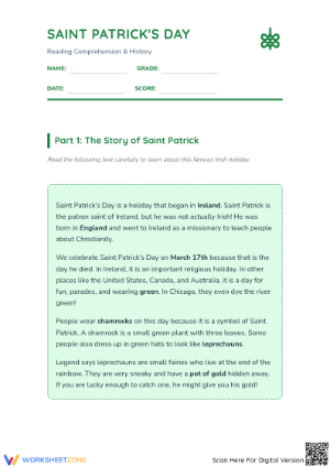 Printable St. Patrick's Day Reading Worksheet | Grade 3