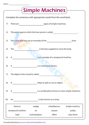 Simple Machines Worksheet for Science Students