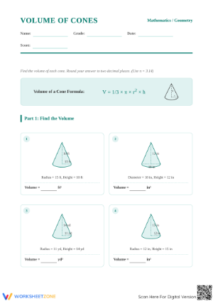 Printable Volume of Cones Worksheet | Grade 8 Math