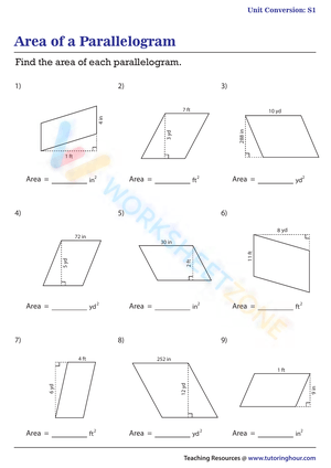 Parallelogram Area and Unit Conversion Worksheet