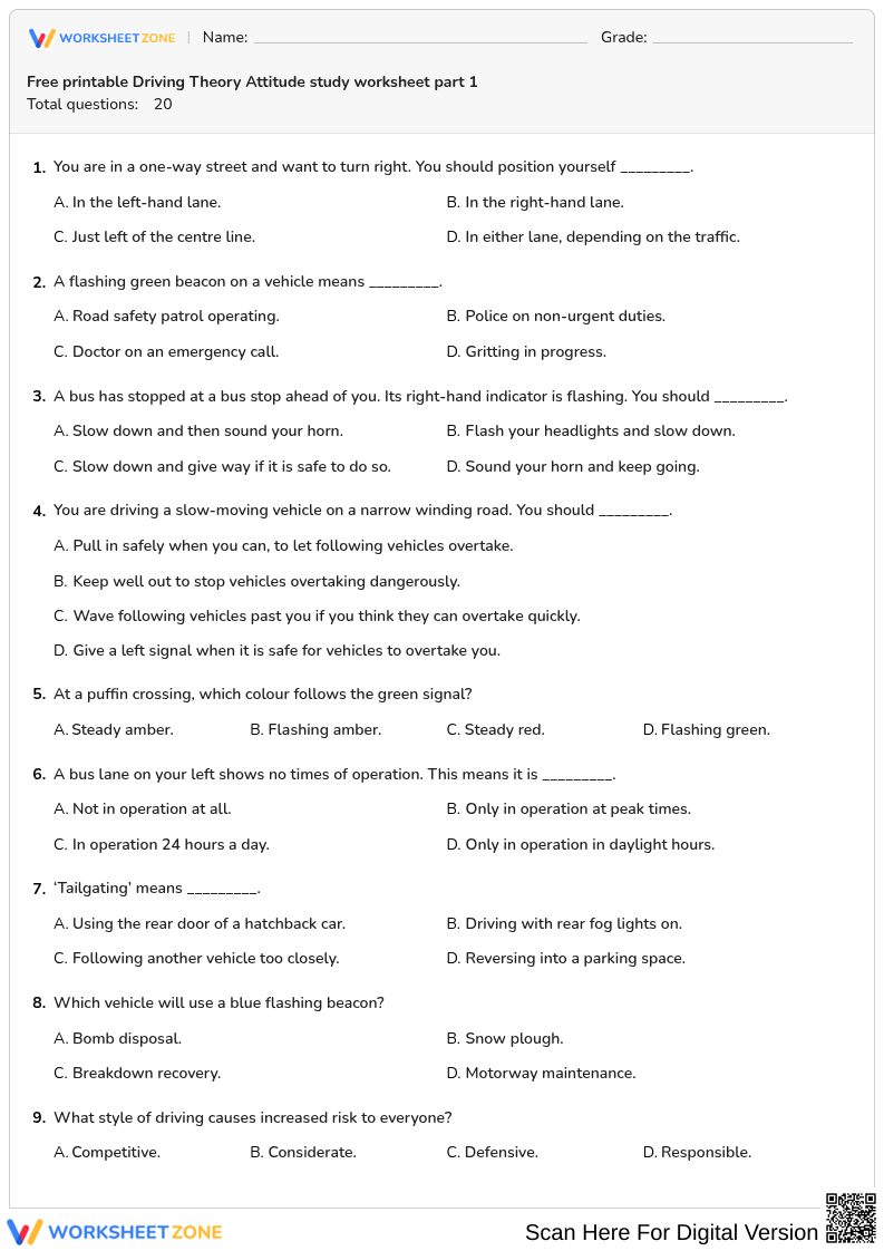 Free printable Driving Theory Attitude study worksheet part 1