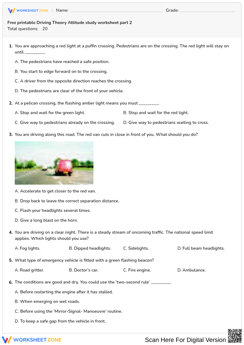 Free printable Driving Theory Attitude study worksheet part 2