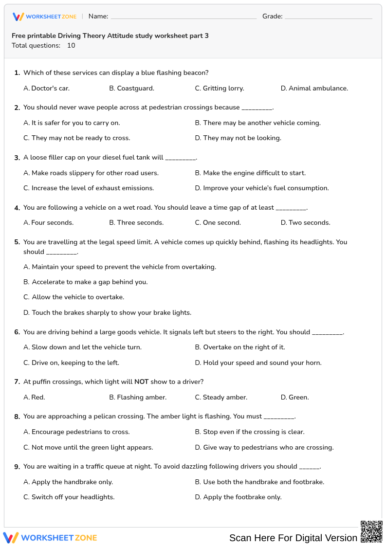 Free printable Driving Theory Attitude study worksheet part 3