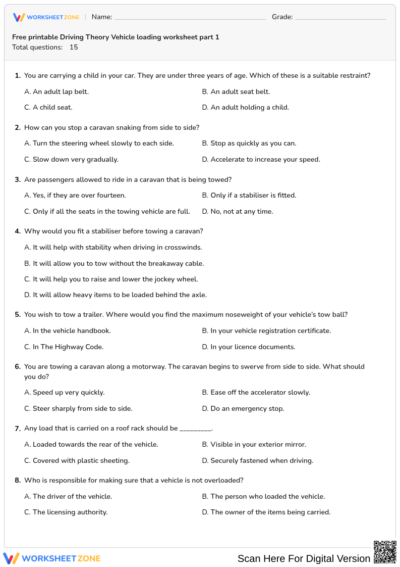 Free printable Driving Theory Vehicle loading worksheet part 1