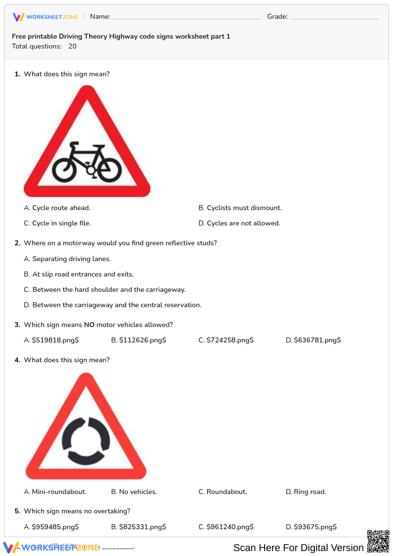 Free printable Driving Theory Highway code signs worksheet part 1
