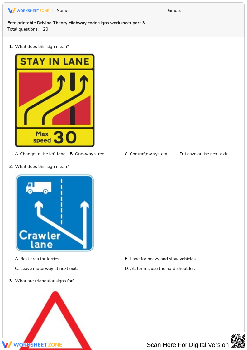 Free printable Driving Theory Highway code signs worksheet part 3