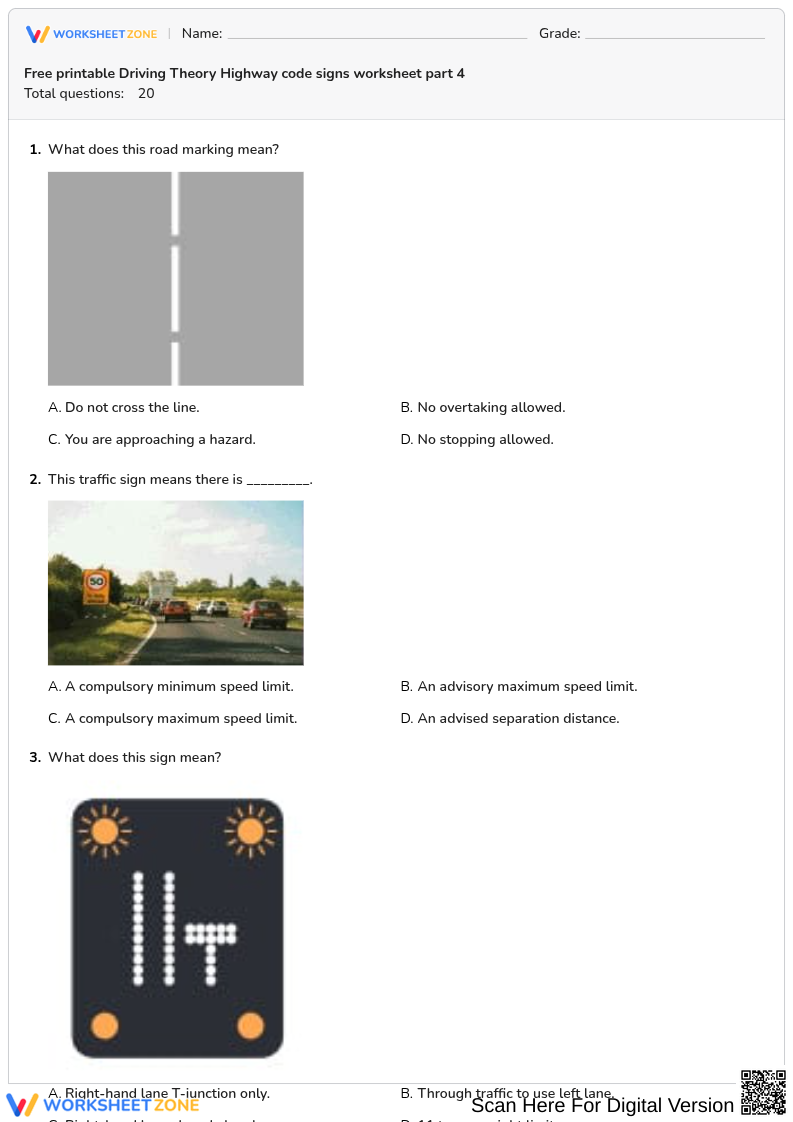 Free printable Driving Theory Highway code signs worksheet part 4
