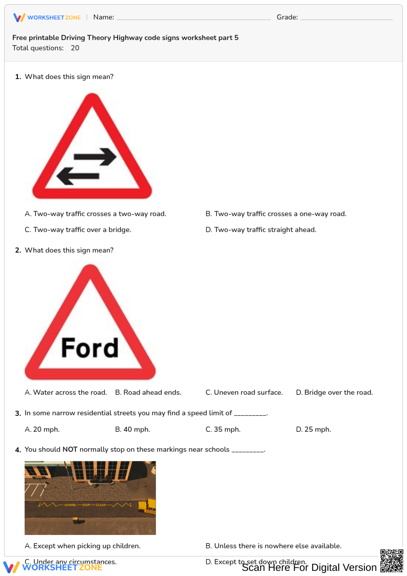 Free printable Driving Theory Highway code signs worksheet part 5