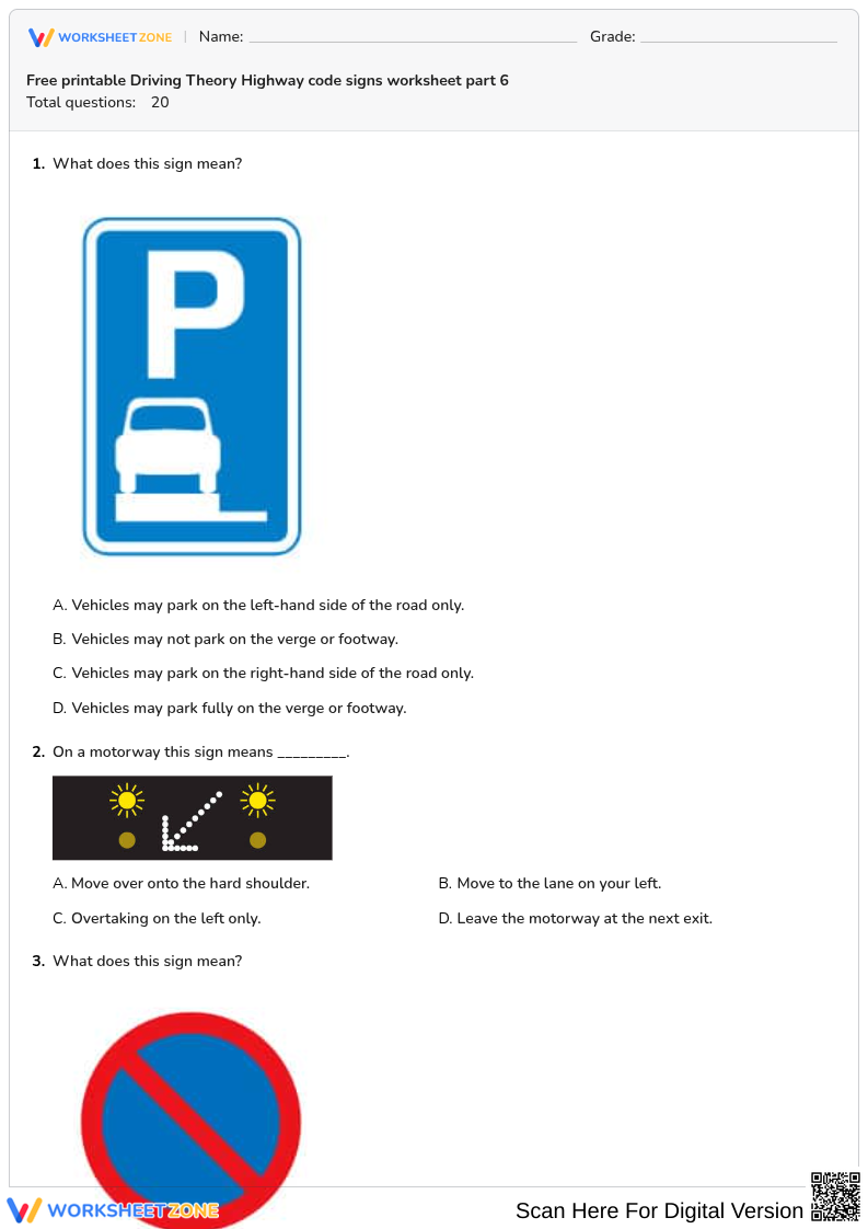 Free printable Driving Theory Highway code signs worksheet part 6