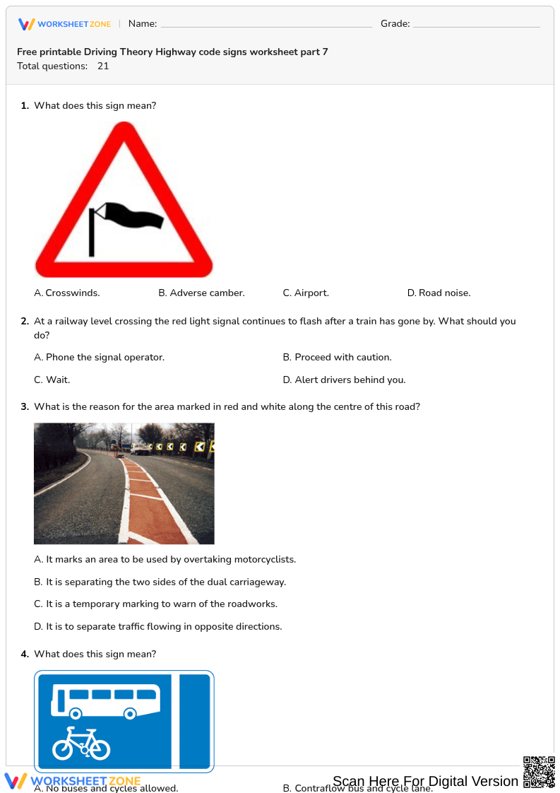 Free printable Driving Theory Highway code signs worksheet part 7
