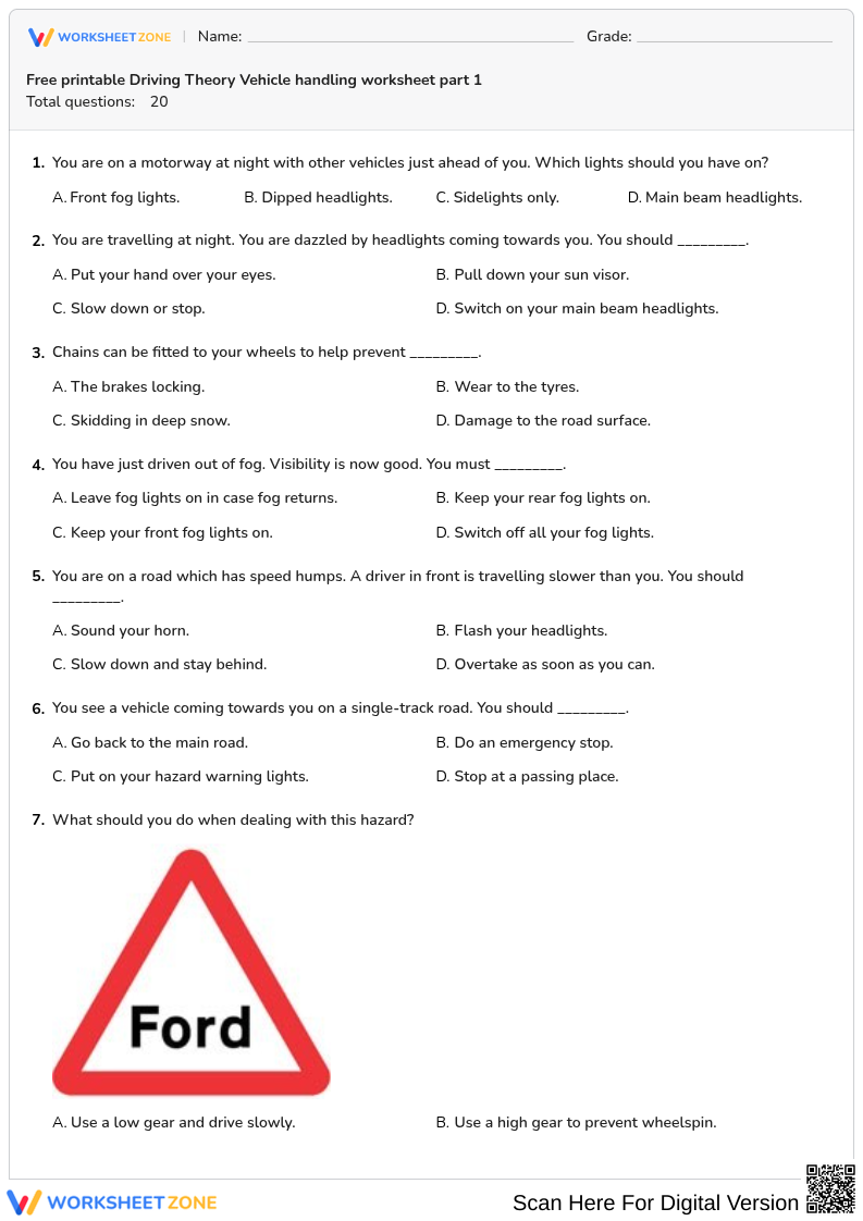 Free printable Driving Theory Vehicle handling worksheet part 1