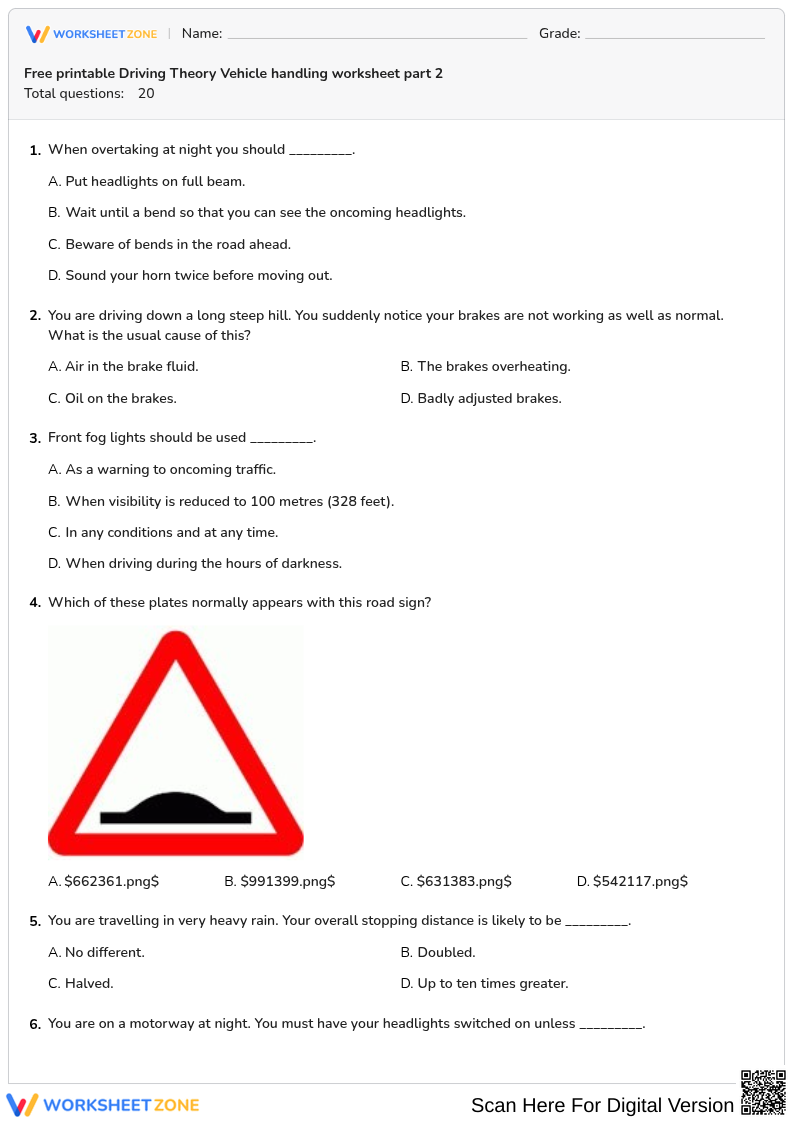 Free printable Driving Theory Vehicle handling worksheet part 2