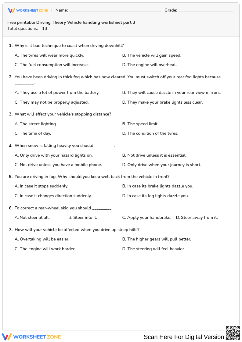 Free printable Driving Theory Vehicle handling worksheet part 3