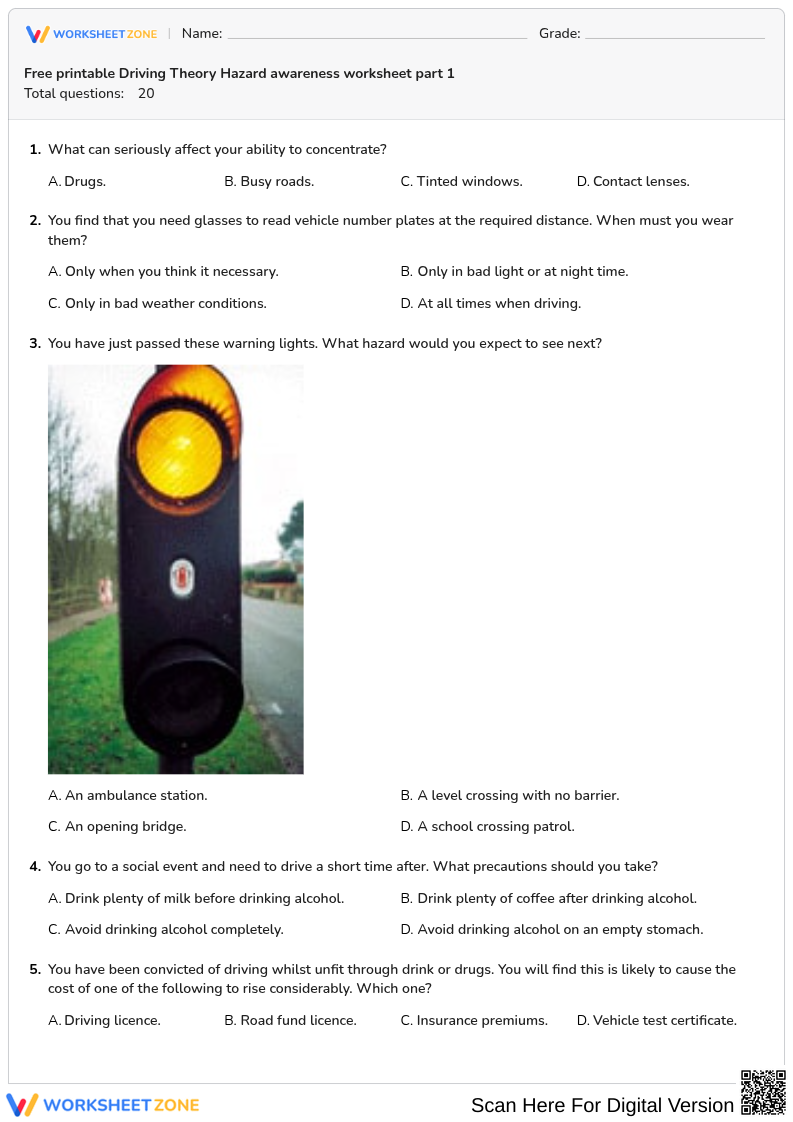 Free printable Driving Theory Hazard awareness worksheet part 1