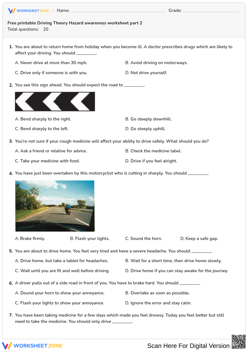 Free printable Driving Theory Hazard awareness worksheet part 2