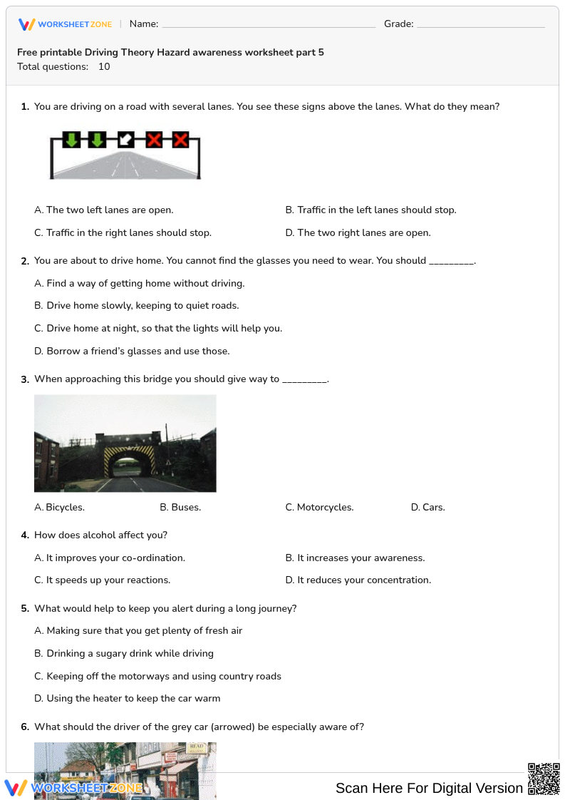 Free printable Driving Theory Hazard awareness worksheet part 5