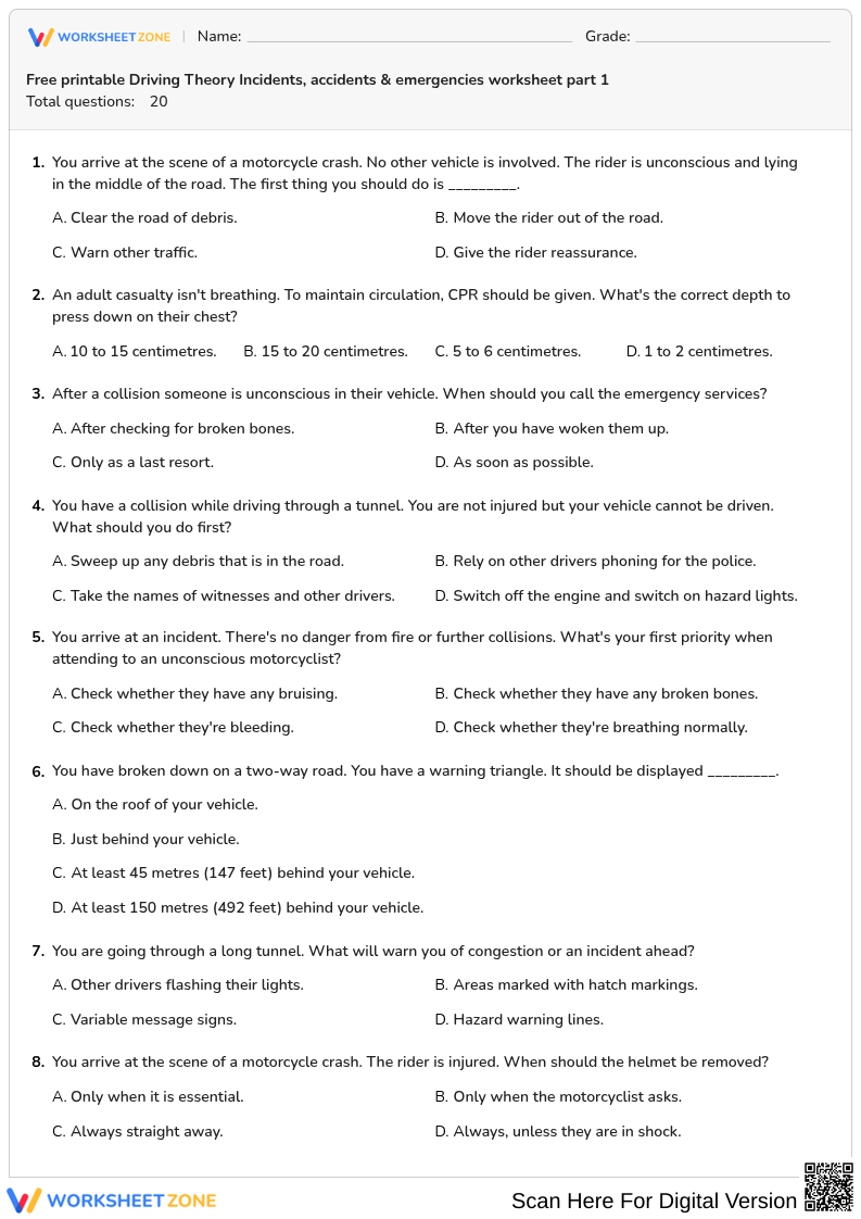 Free printable Driving Theory Incidents, accidents & emergencies worksheet part 1