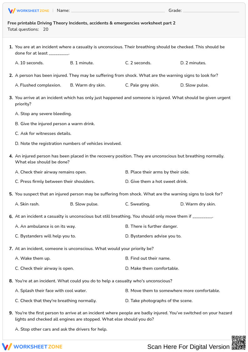 Free printable Driving Theory Incidents, accidents & emergencies worksheet part 2