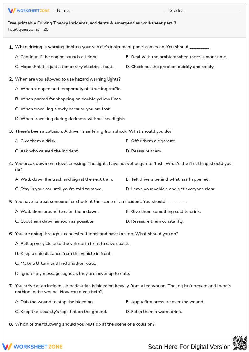 Free printable Driving Theory Incidents, accidents & emergencies worksheet part 3