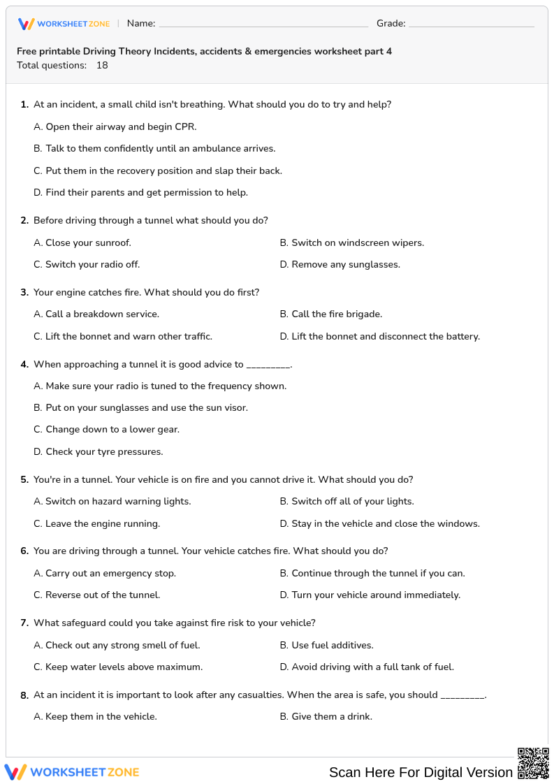 Free printable Driving Theory Incidents, accidents & emergencies worksheet part 4