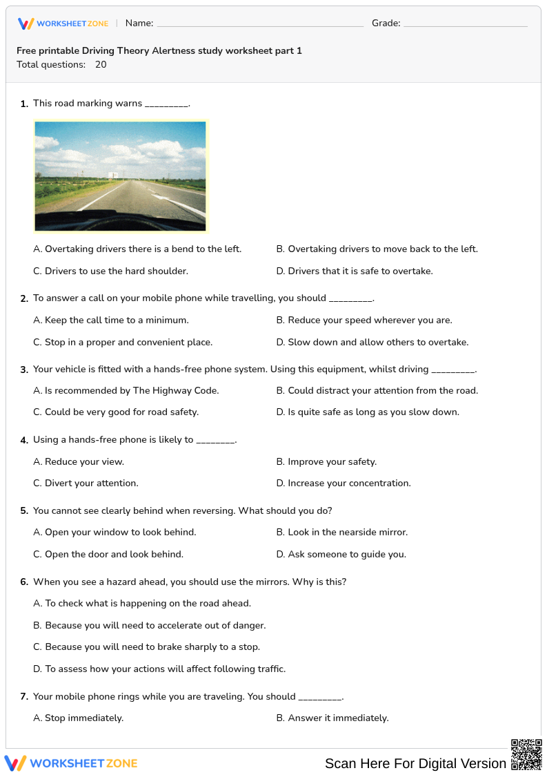 Free printable Driving Theory Alertness study worksheet part 1