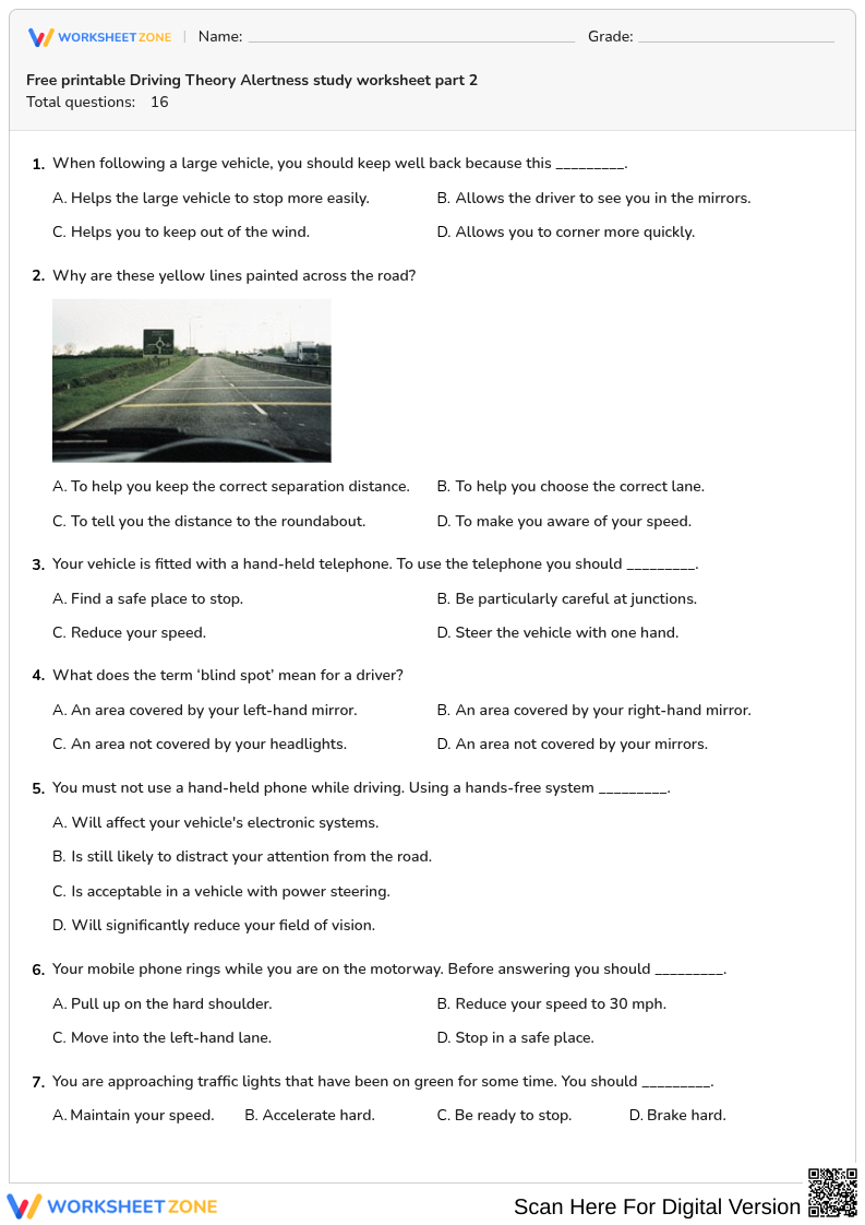 Free printable Driving Theory Alertness study worksheet part 2
